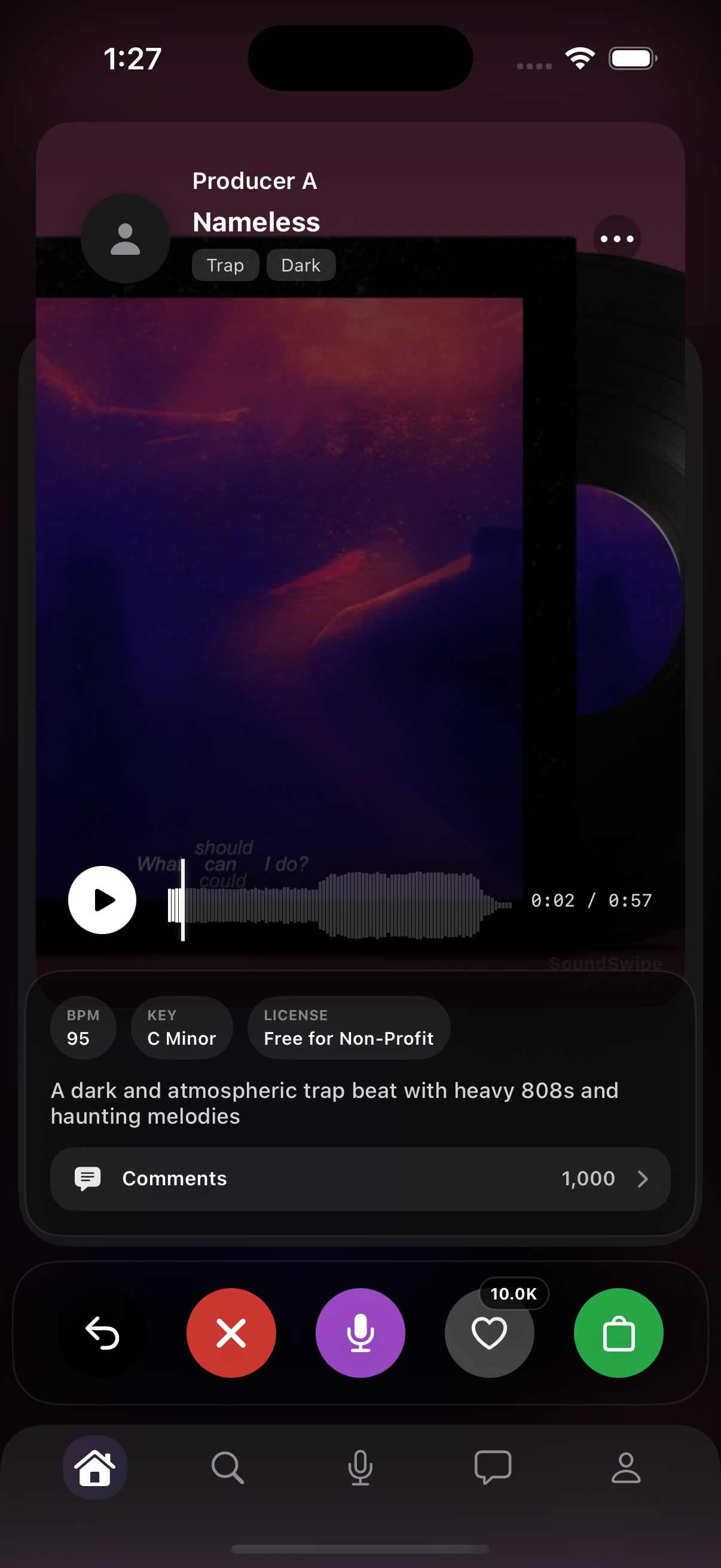 SoundSwipe mobile app preview showing an expanded beat card